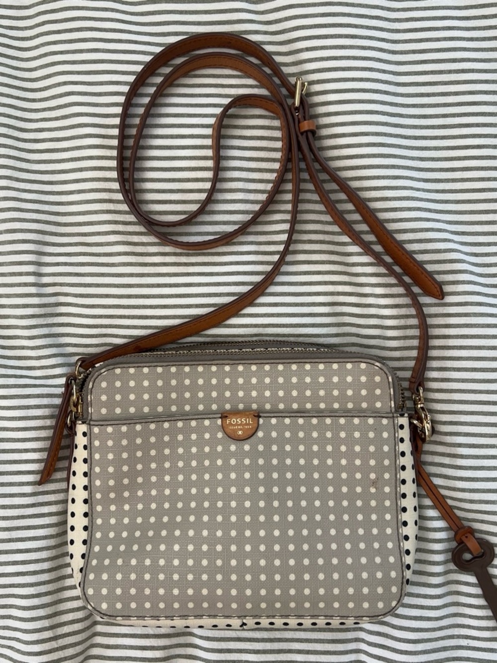 Fossil Taupe Polka Dot Crossbody with Brown Strap